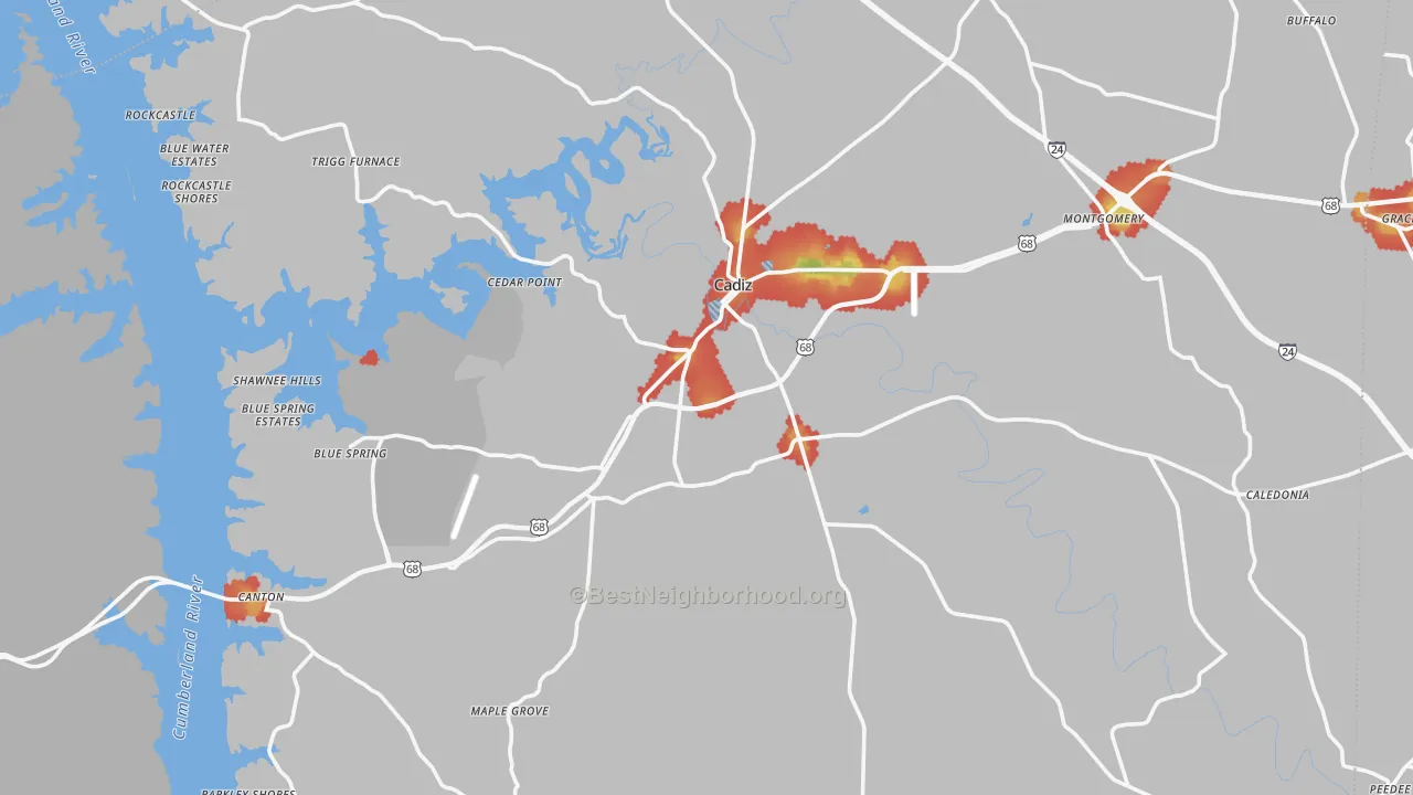 Walk Grade map of 42211, KY, walkable areas in green and car-dependent areas in red