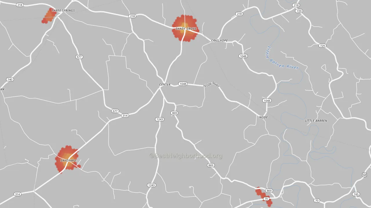 Walk Grade map of 42214, KY, walkable areas in green and car-dependent areas in red