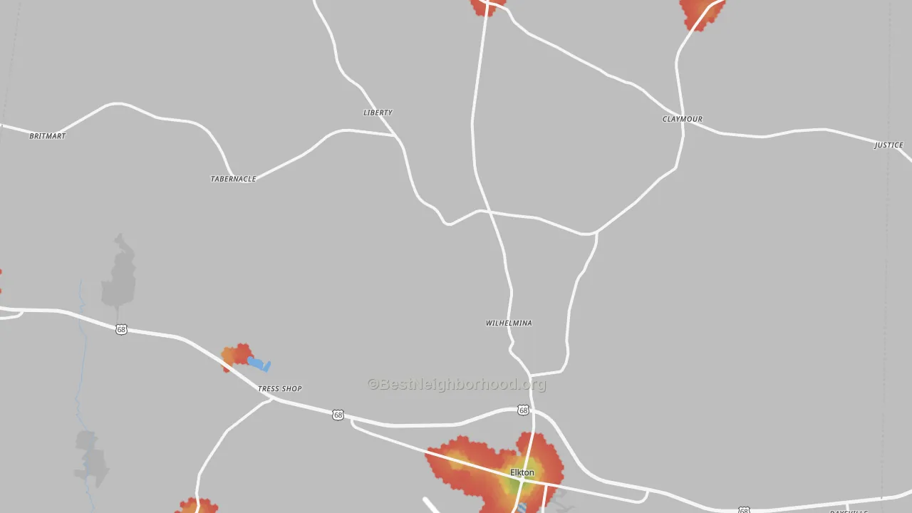 Walk Grade map of 42220, KY, walkable areas in green and car-dependent areas in red