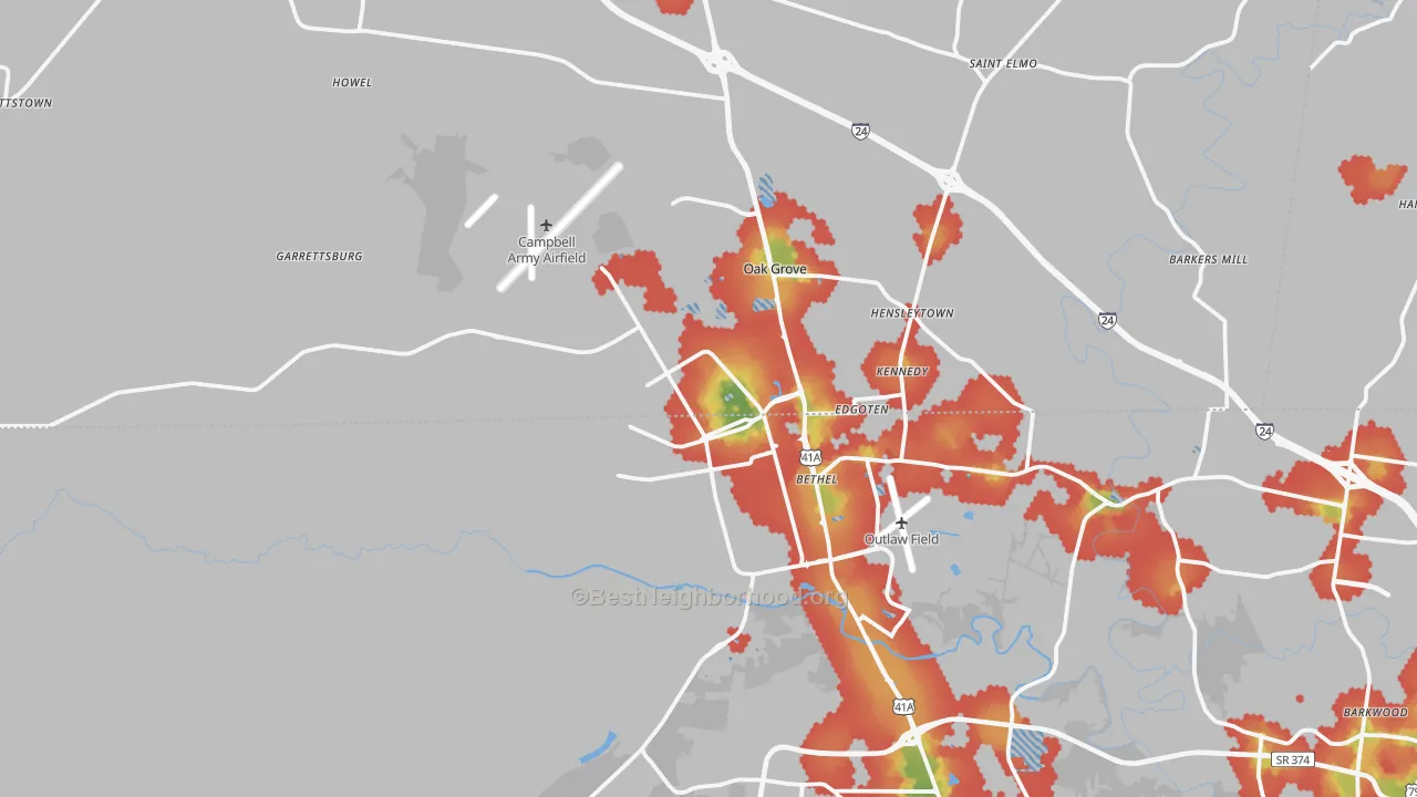Walk Grade map of 42223, KY, walkable areas in green and car-dependent areas in red