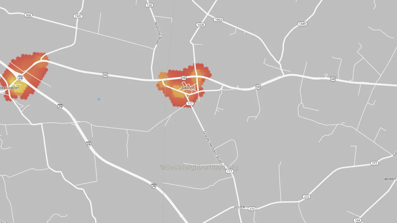 Walk Grade map of 42232, KY, walkable areas in green and car-dependent areas in red