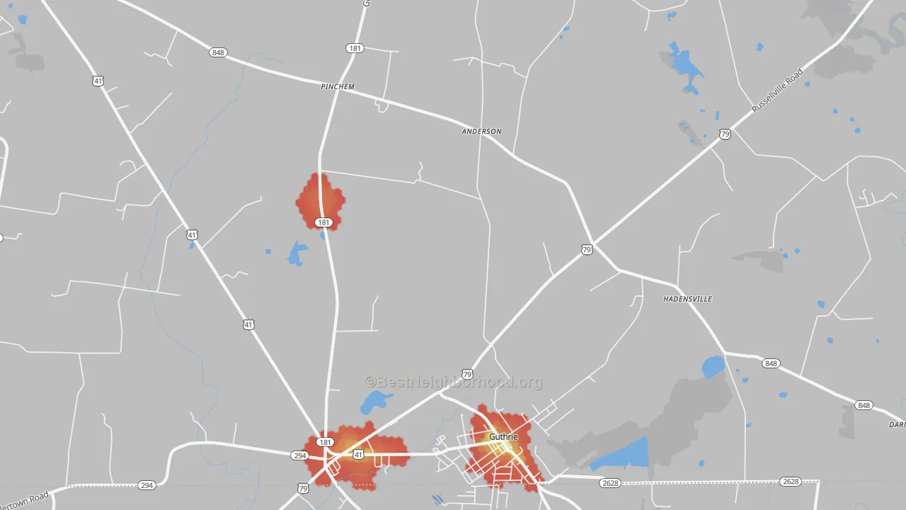 Walk Grade map of 42234, KY, walkable areas in green and car-dependent areas in red