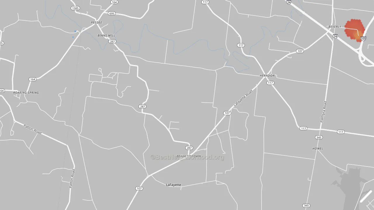 Walk Grade map of 42236, KY, walkable areas in green and car-dependent areas in red