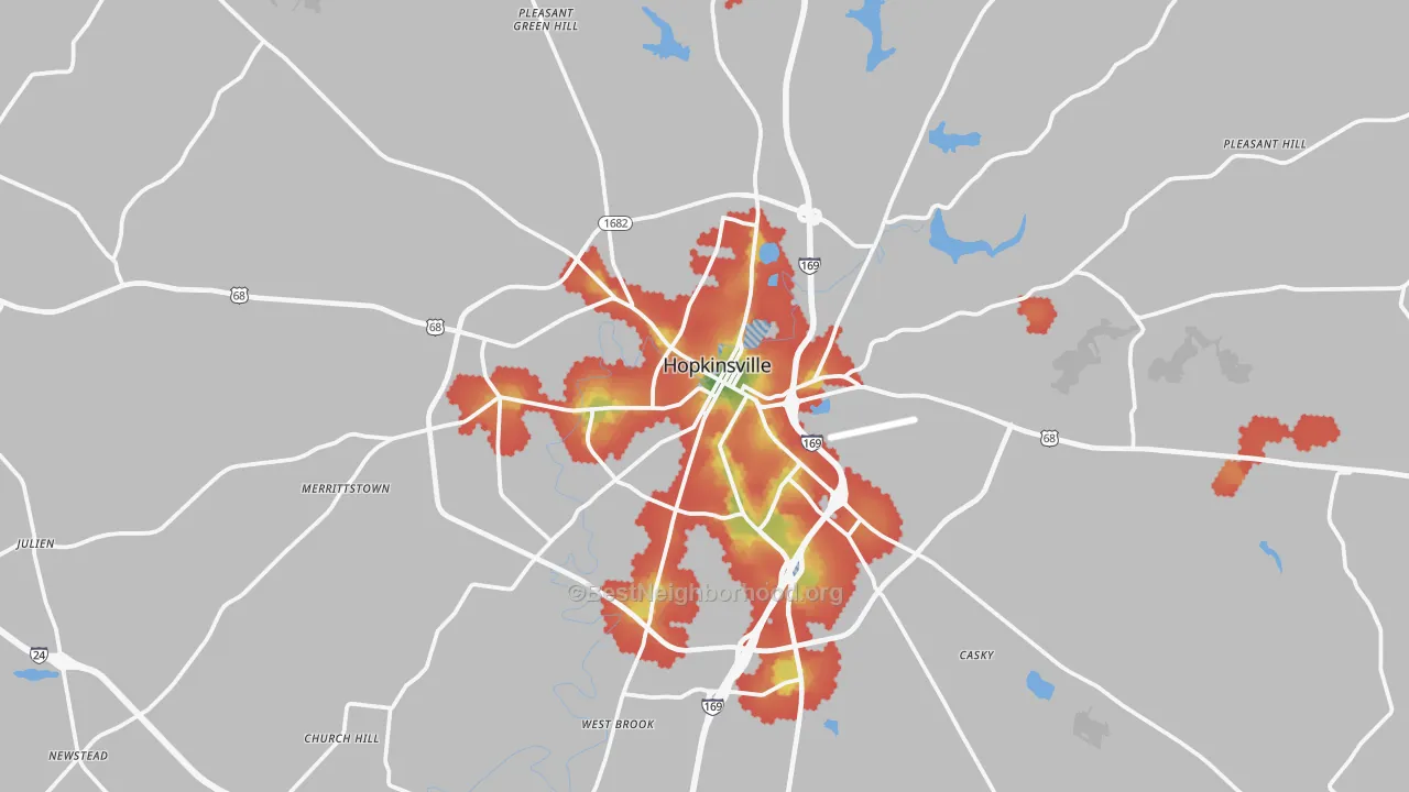 Walk Grade map of 42240, KY, walkable areas in green and car-dependent areas in red