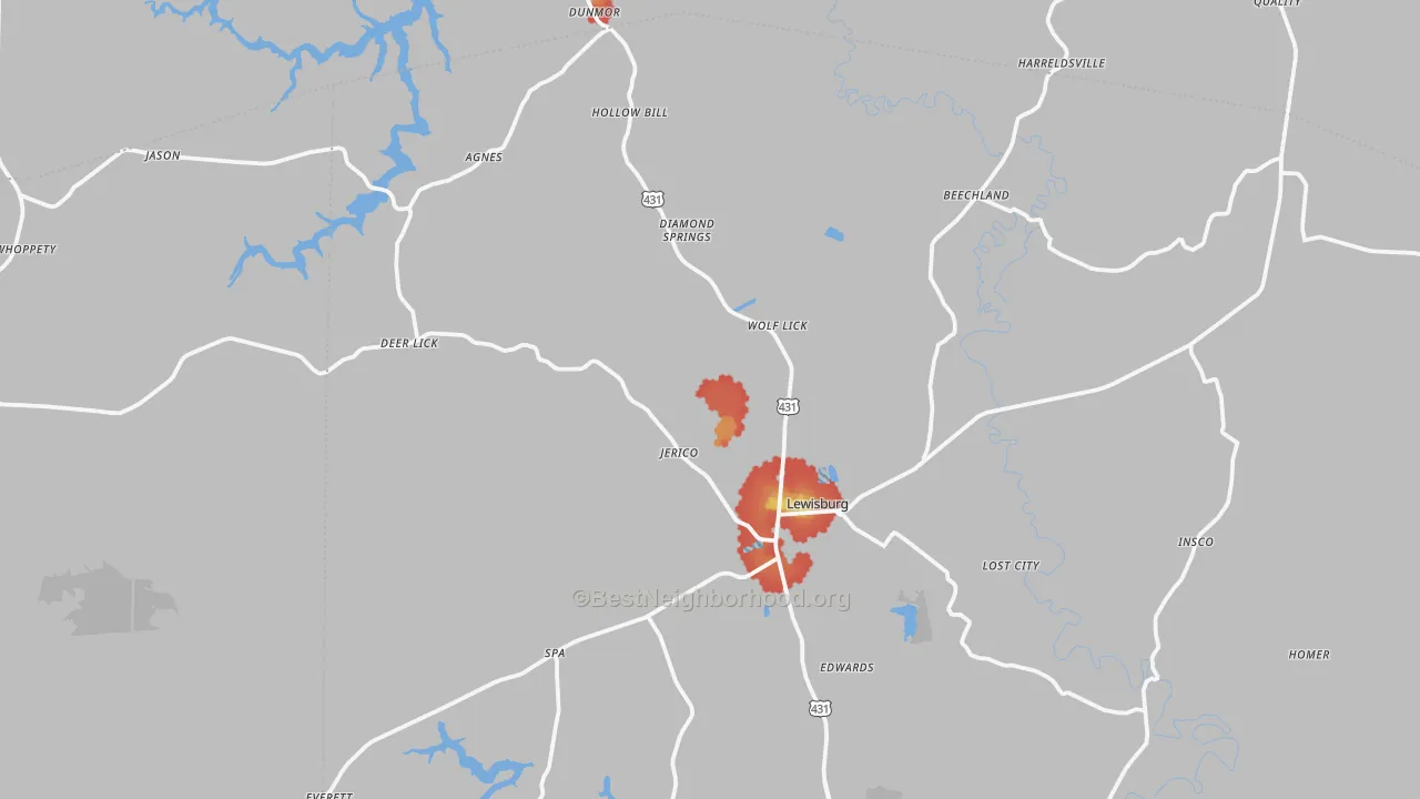 Walk Grade map of 42256, KY, walkable areas in green and car-dependent areas in red