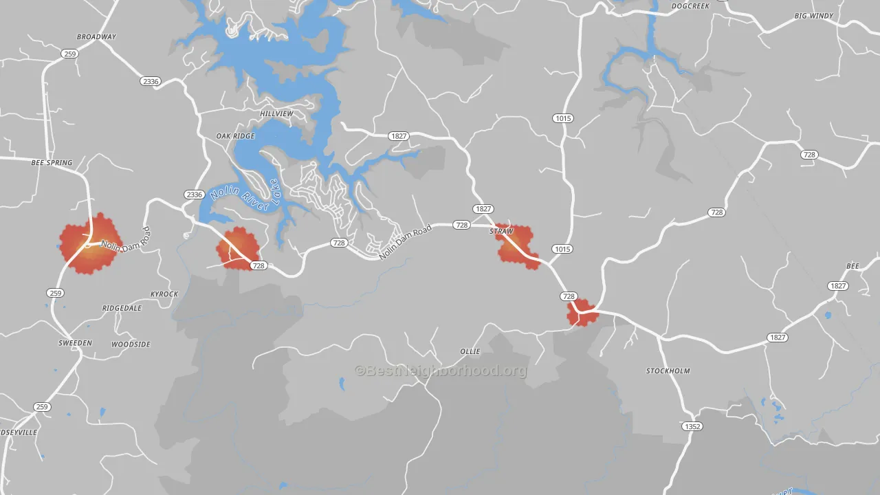 Walk Grade map of 42259, KY, walkable areas in green and car-dependent areas in red