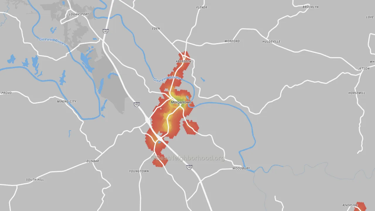 Walk Grade map of 42261, KY, walkable areas in green and car-dependent areas in red