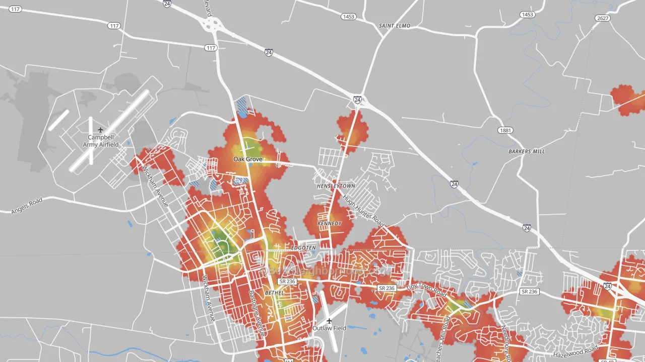Walk Grade map of 42262, KY, walkable areas in green and car-dependent areas in red