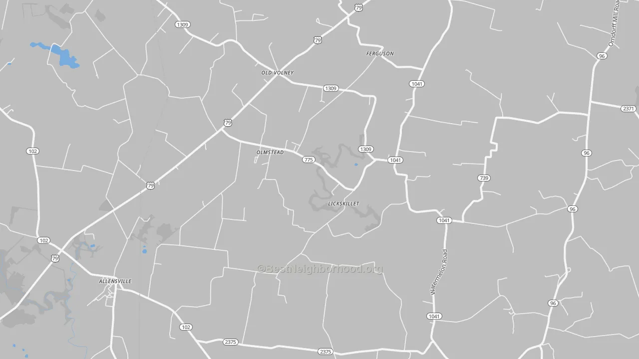 Walk Grade map of 42265, KY, walkable areas in green and car-dependent areas in red