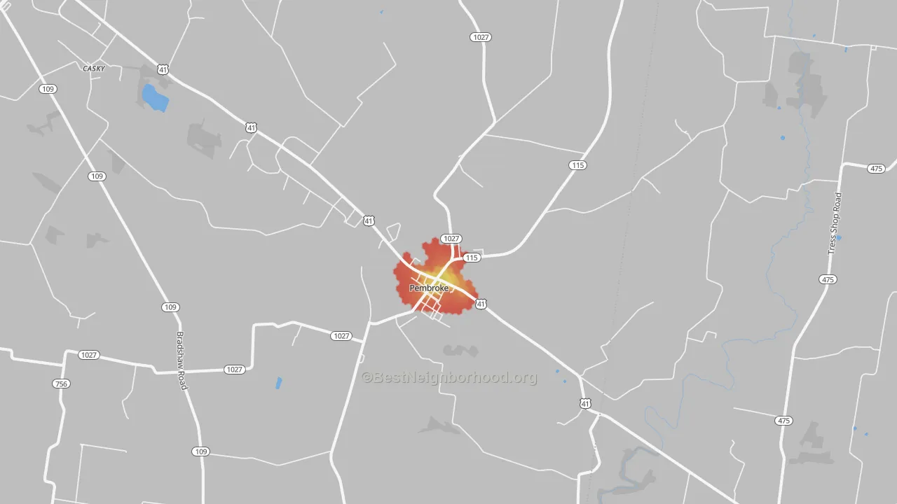 Walk Grade map of 42266, KY, walkable areas in green and car-dependent areas in red