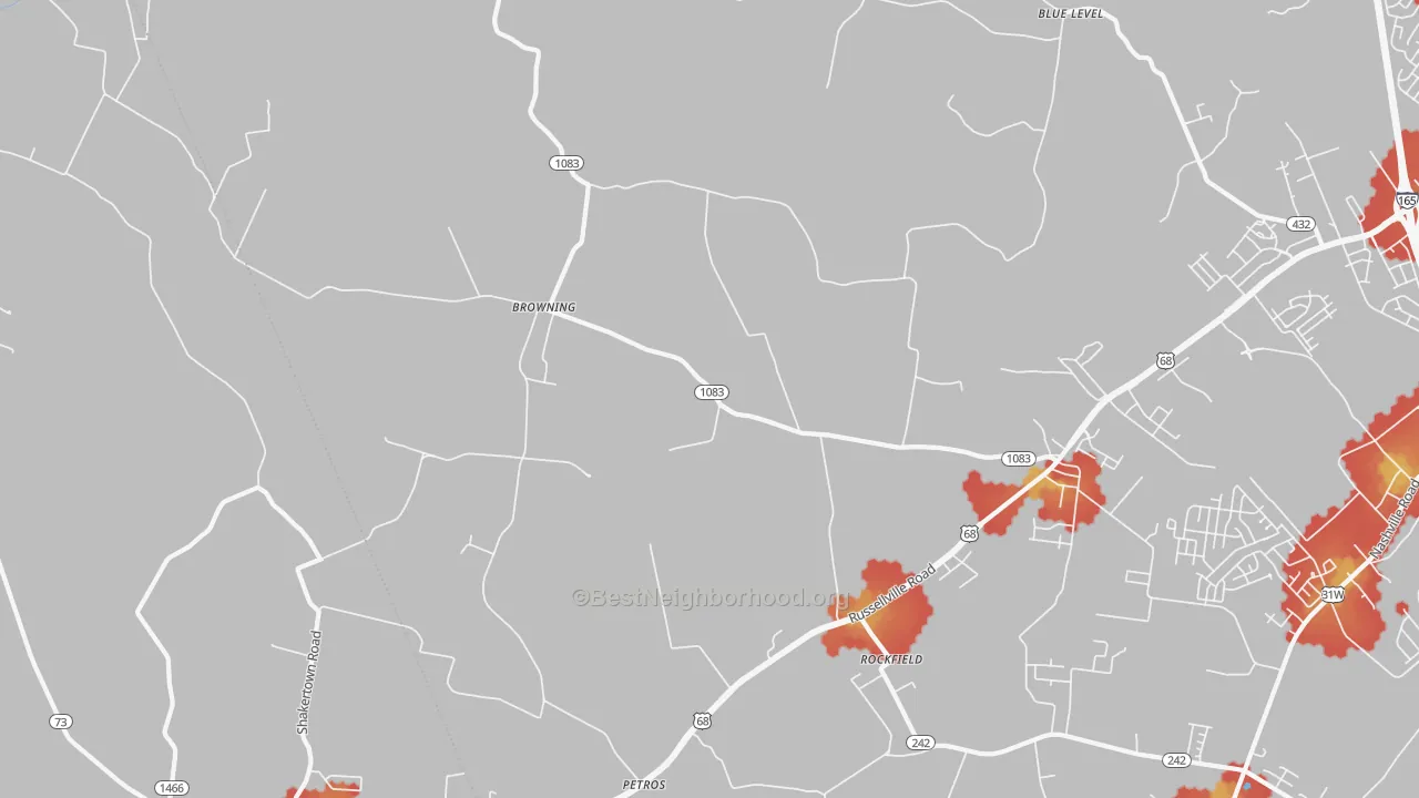 Walk Grade map of 42274, KY, walkable areas in green and car-dependent areas in red