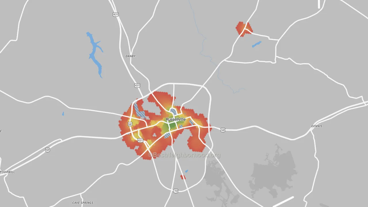 Walk Grade map of 42276, KY, walkable areas in green and car-dependent areas in red