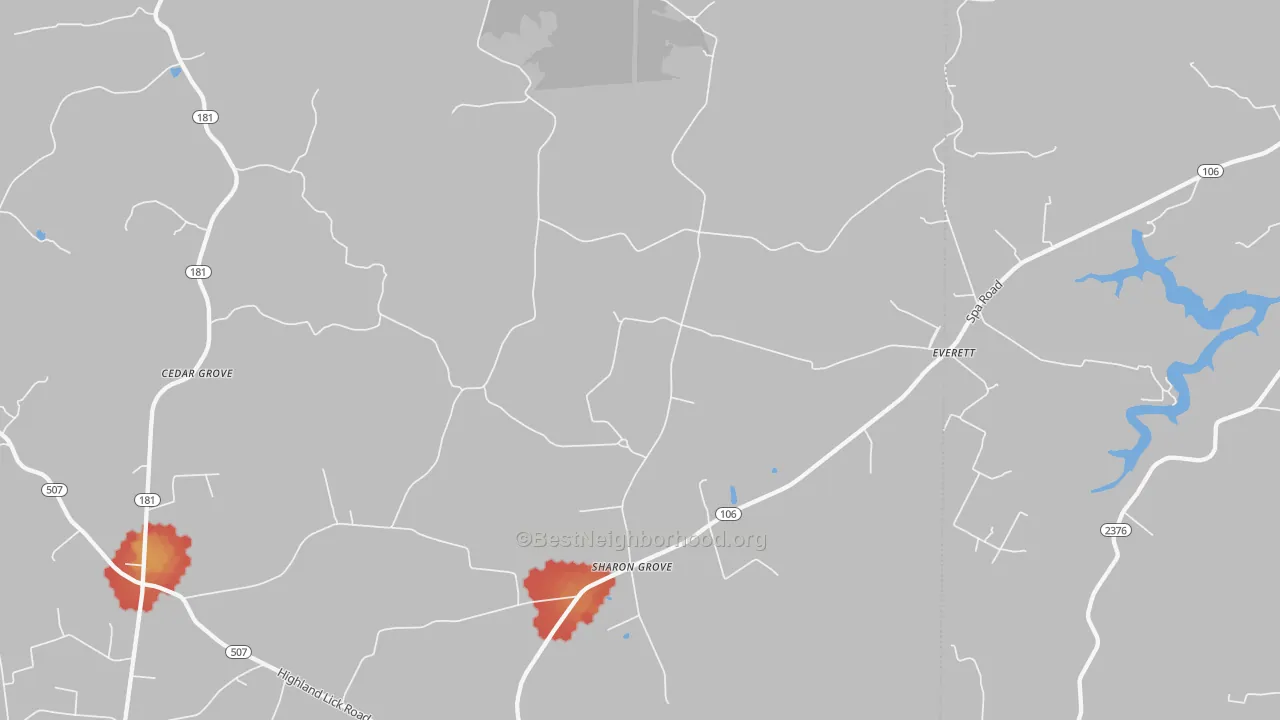 Walk Grade map of 42280, KY, walkable areas in green and car-dependent areas in red