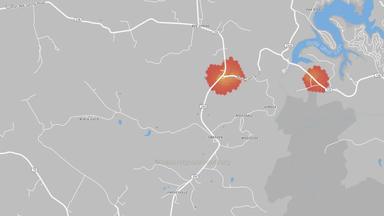 Walk Grade map of 42285, KY, walkable areas in green and car-dependent areas in red