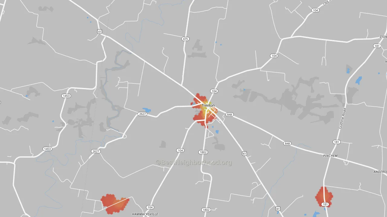 Walk Grade map of 42286, KY, walkable areas in green and car-dependent areas in red