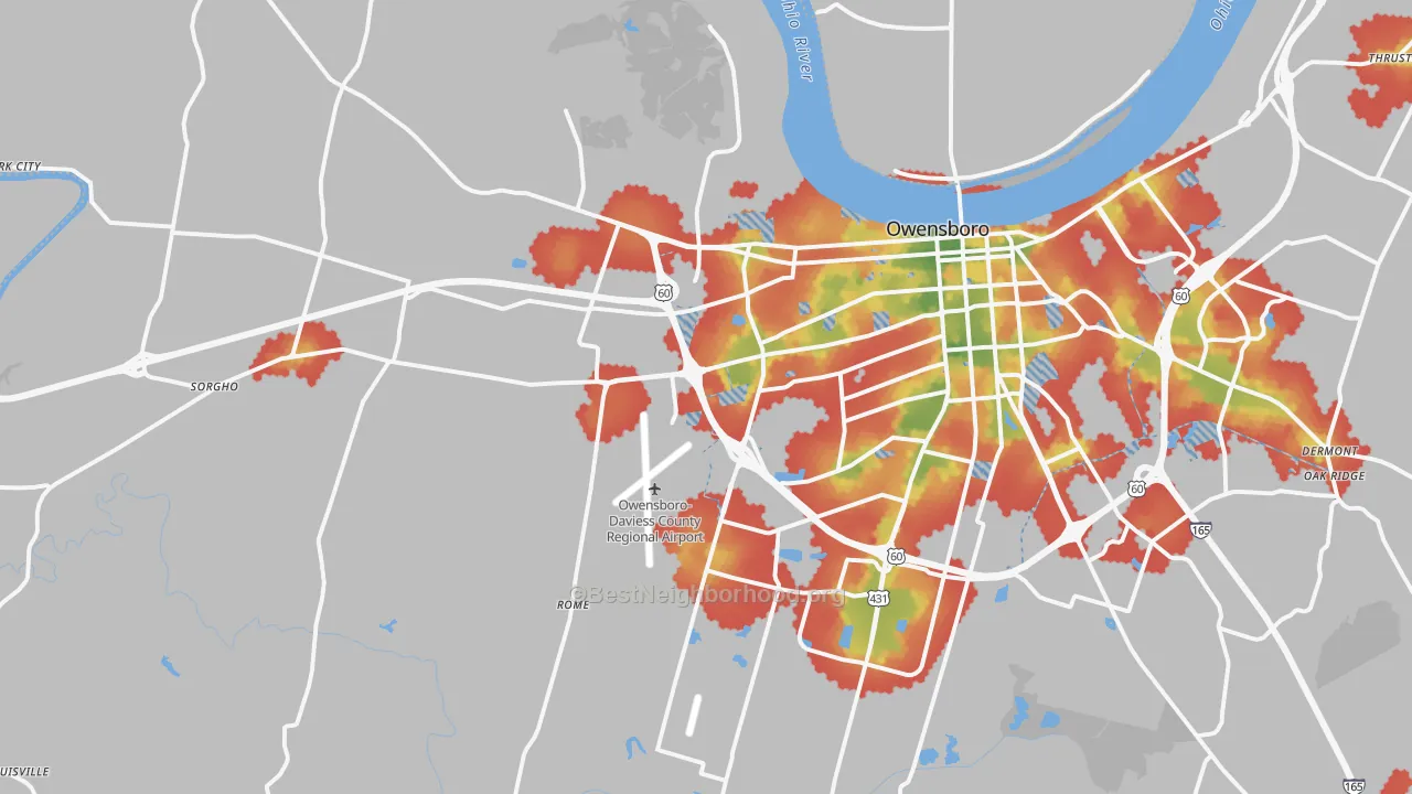 Walk Grade map of 42301, KY, walkable areas in green and car-dependent areas in red