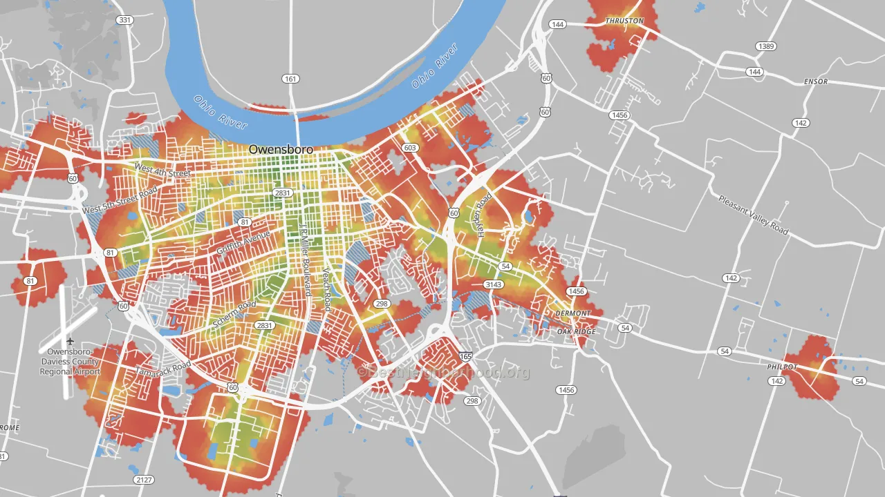 Walk Grade map of 42303, KY, walkable areas in green and car-dependent areas in red
