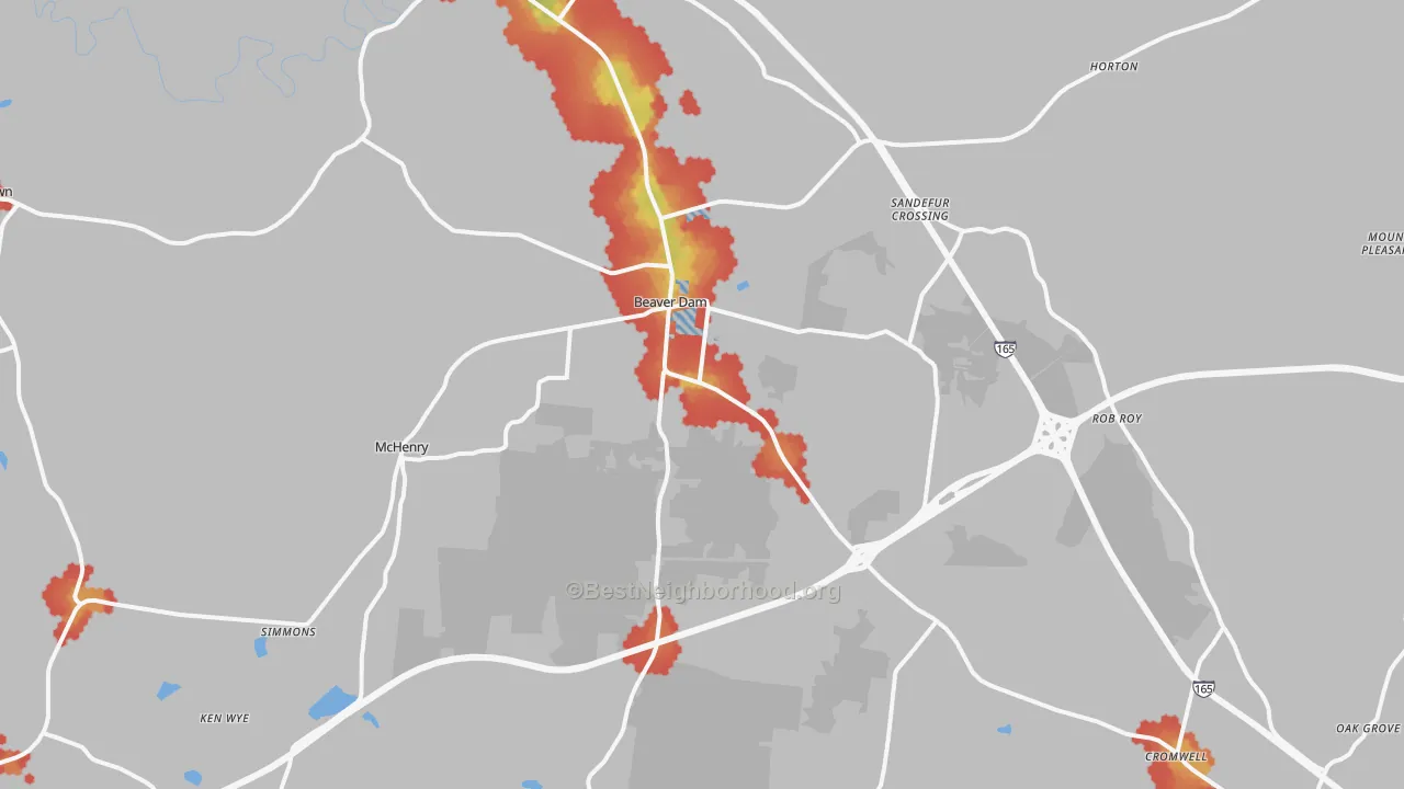 Walk Grade map of 42320, KY, walkable areas in green and car-dependent areas in red