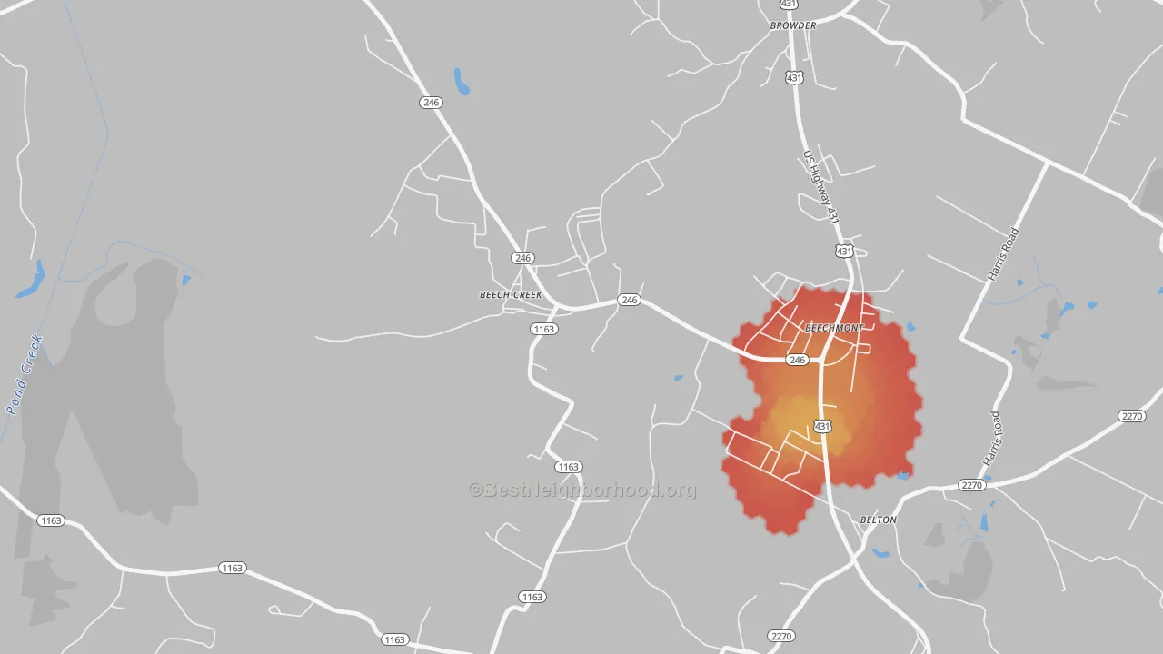 Walk Grade map of 42321, KY, walkable areas in green and car-dependent areas in red