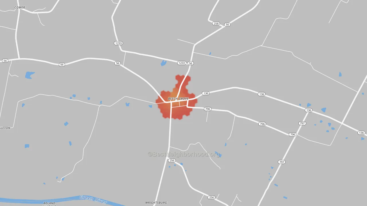 Walk Grade map of 42322, KY, walkable areas in green and car-dependent areas in red