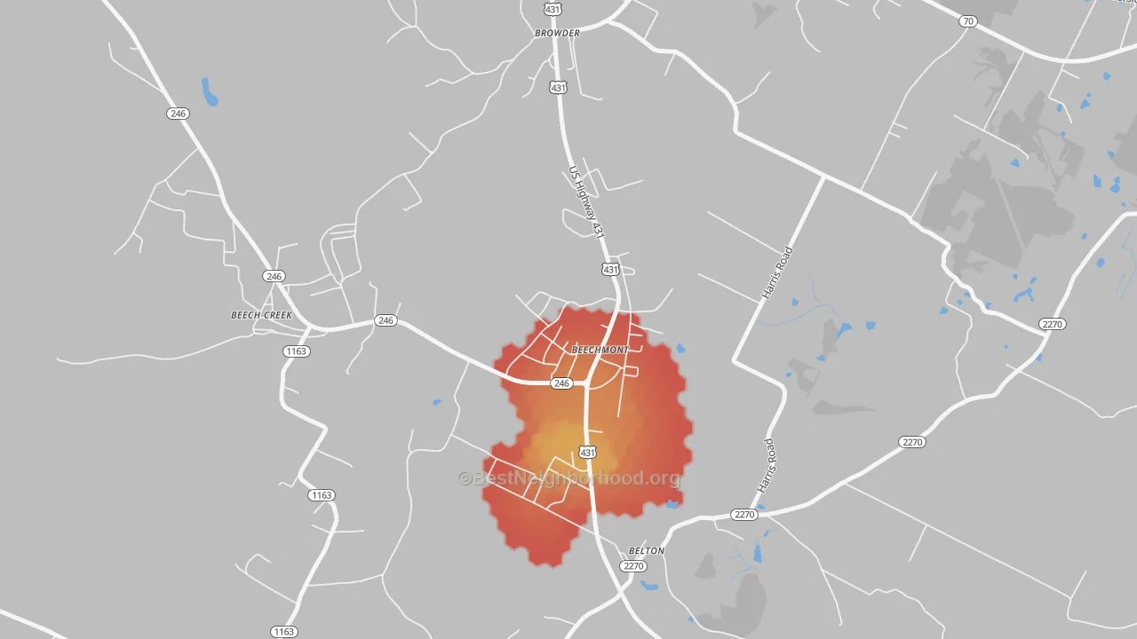Walk Grade map of 42323, KY, walkable areas in green and car-dependent areas in red