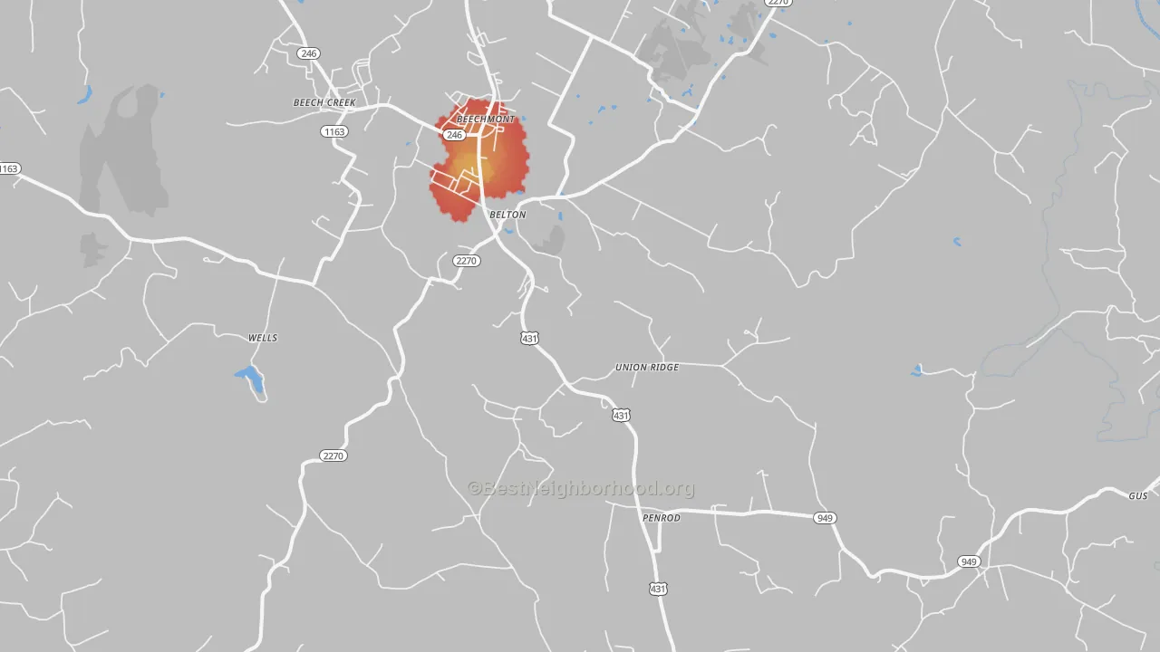 Walk Grade map of 42324, KY, walkable areas in green and car-dependent areas in red