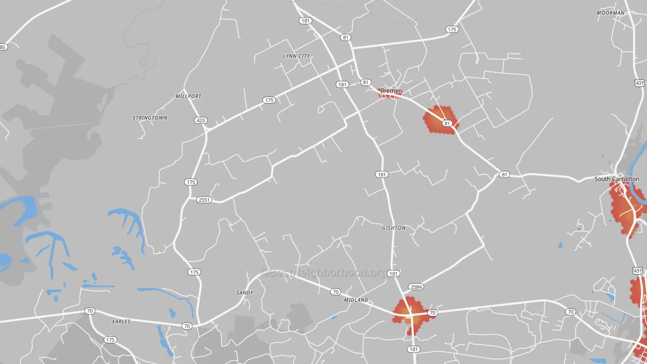 Walk Grade map of 42325, KY, walkable areas in green and car-dependent areas in red