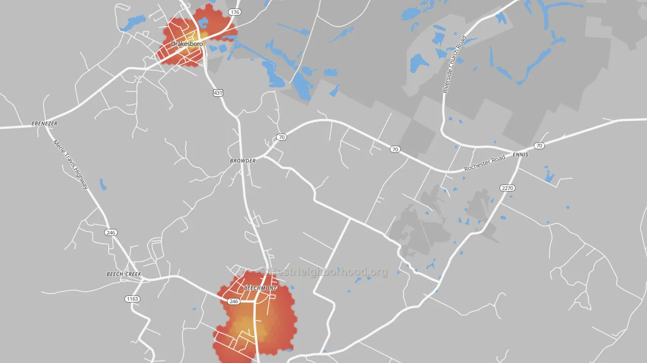 Walk Grade map of 42326, KY, walkable areas in green and car-dependent areas in red