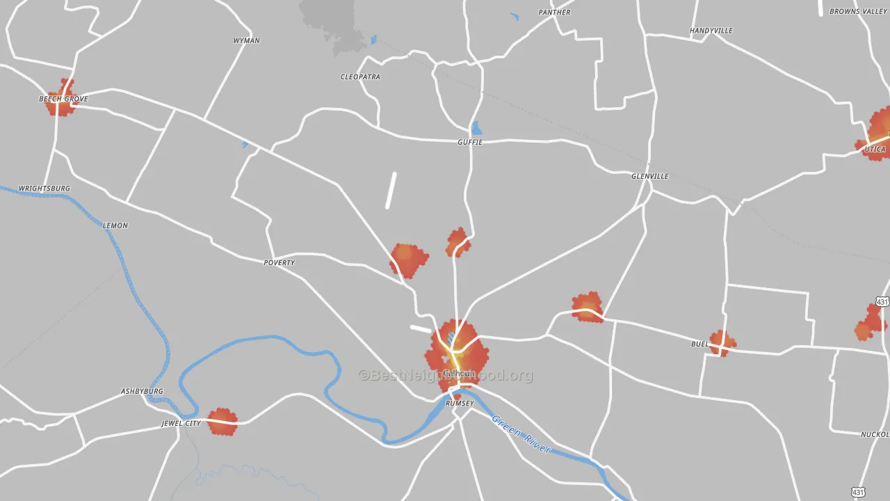 Walk Grade map of 42327, KY, walkable areas in green and car-dependent areas in red