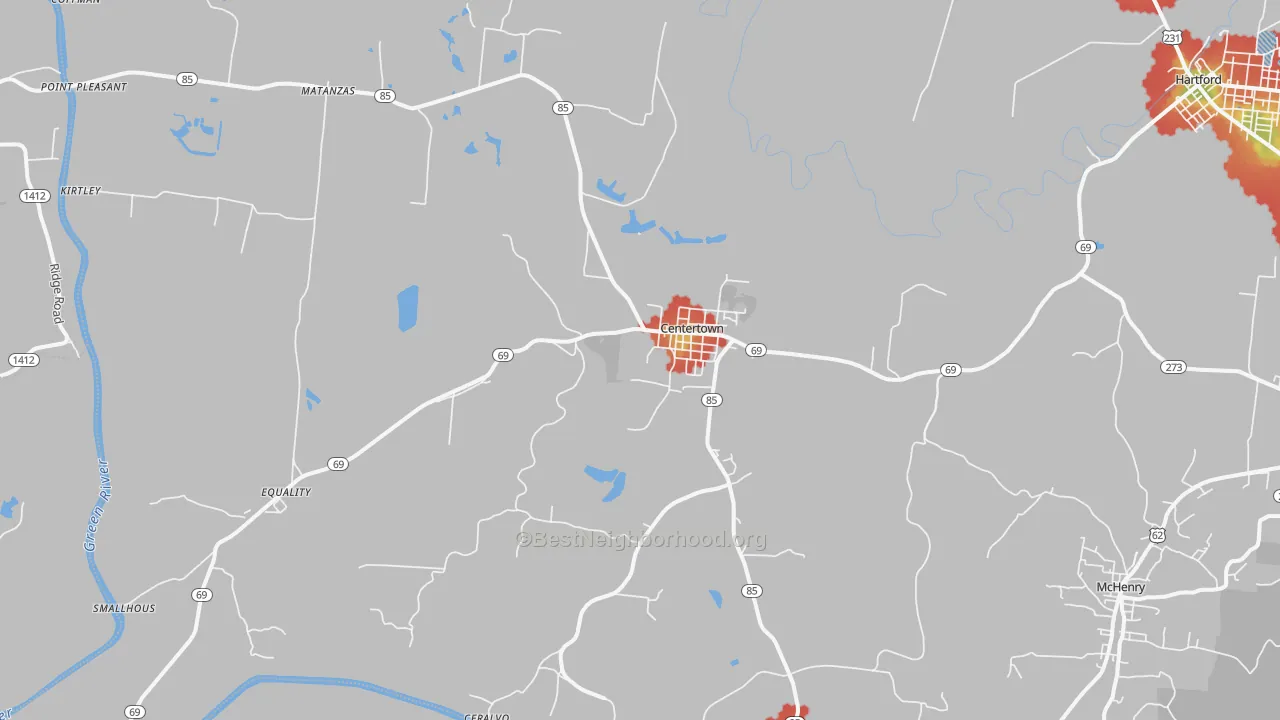 Walk Grade map of 42328, KY, walkable areas in green and car-dependent areas in red