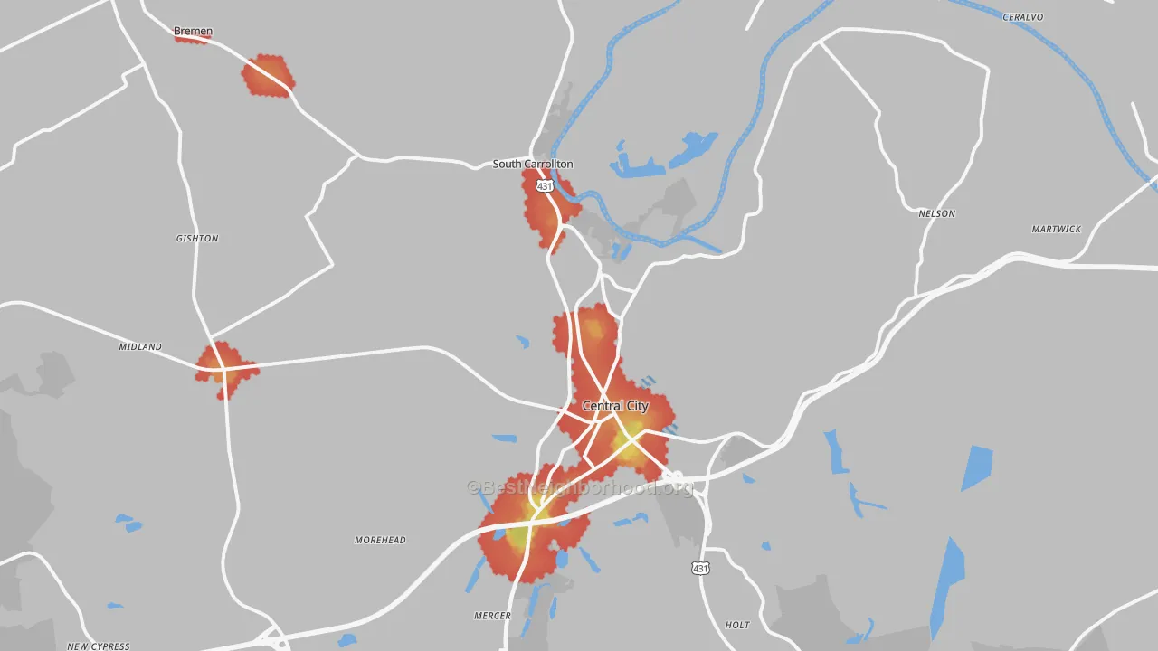 Walk Grade map of 42330, KY, walkable areas in green and car-dependent areas in red