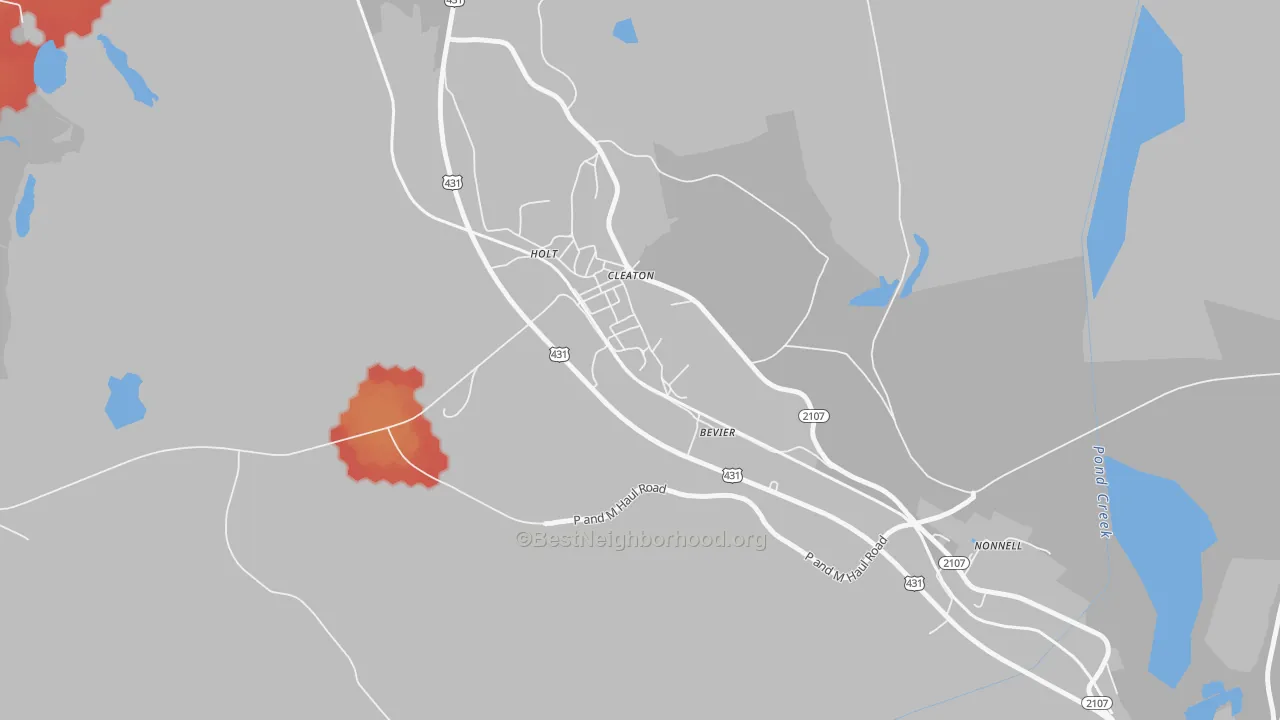 Walk Grade map of 42332, KY, walkable areas in green and car-dependent areas in red
