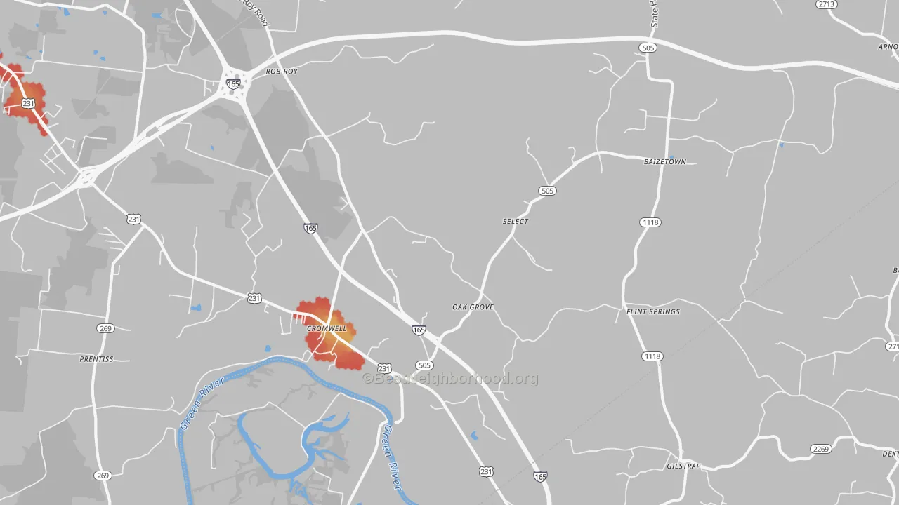 Walk Grade map of 42333, KY, walkable areas in green and car-dependent areas in red