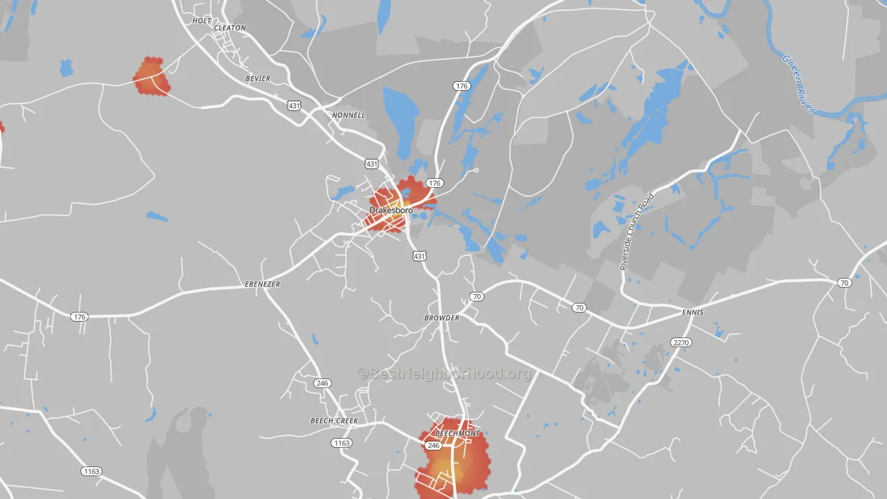 Walk Grade map of 42337, KY, walkable areas in green and car-dependent areas in red