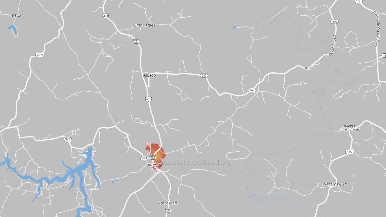 Walk Grade map of 42339, KY, walkable areas in green and car-dependent areas in red