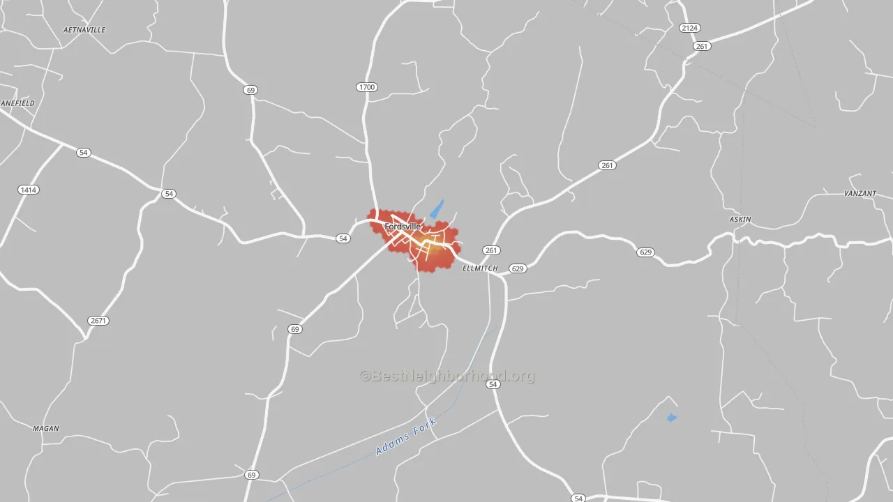 Walk Grade map of 42343, KY, walkable areas in green and car-dependent areas in red