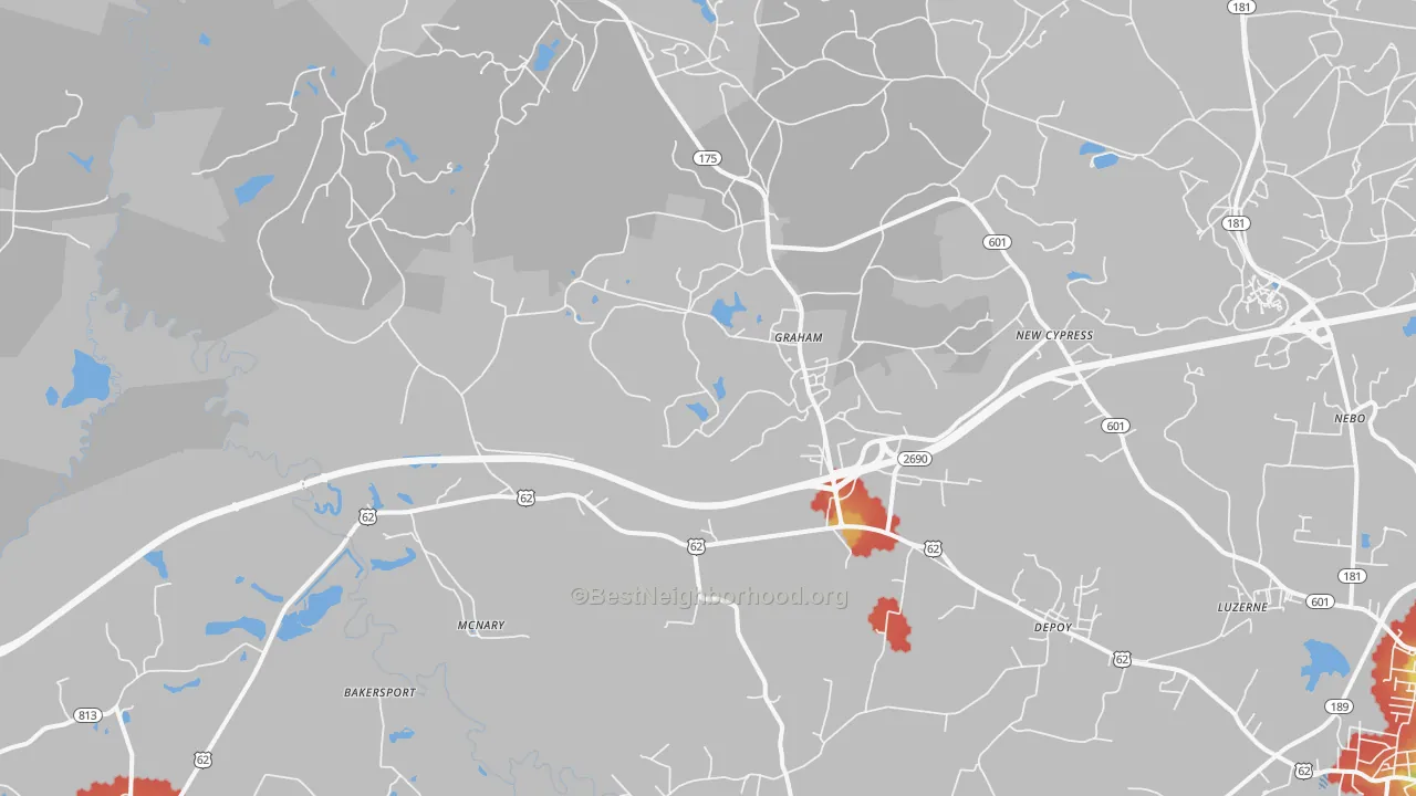 Walk Grade map of 42344, KY, walkable areas in green and car-dependent areas in red