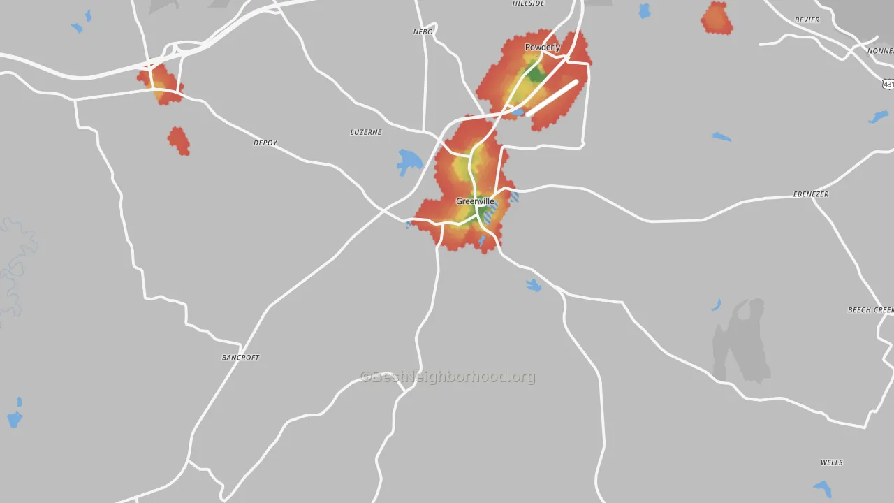 Walk Grade map of 42345, KY, walkable areas in green and car-dependent areas in red