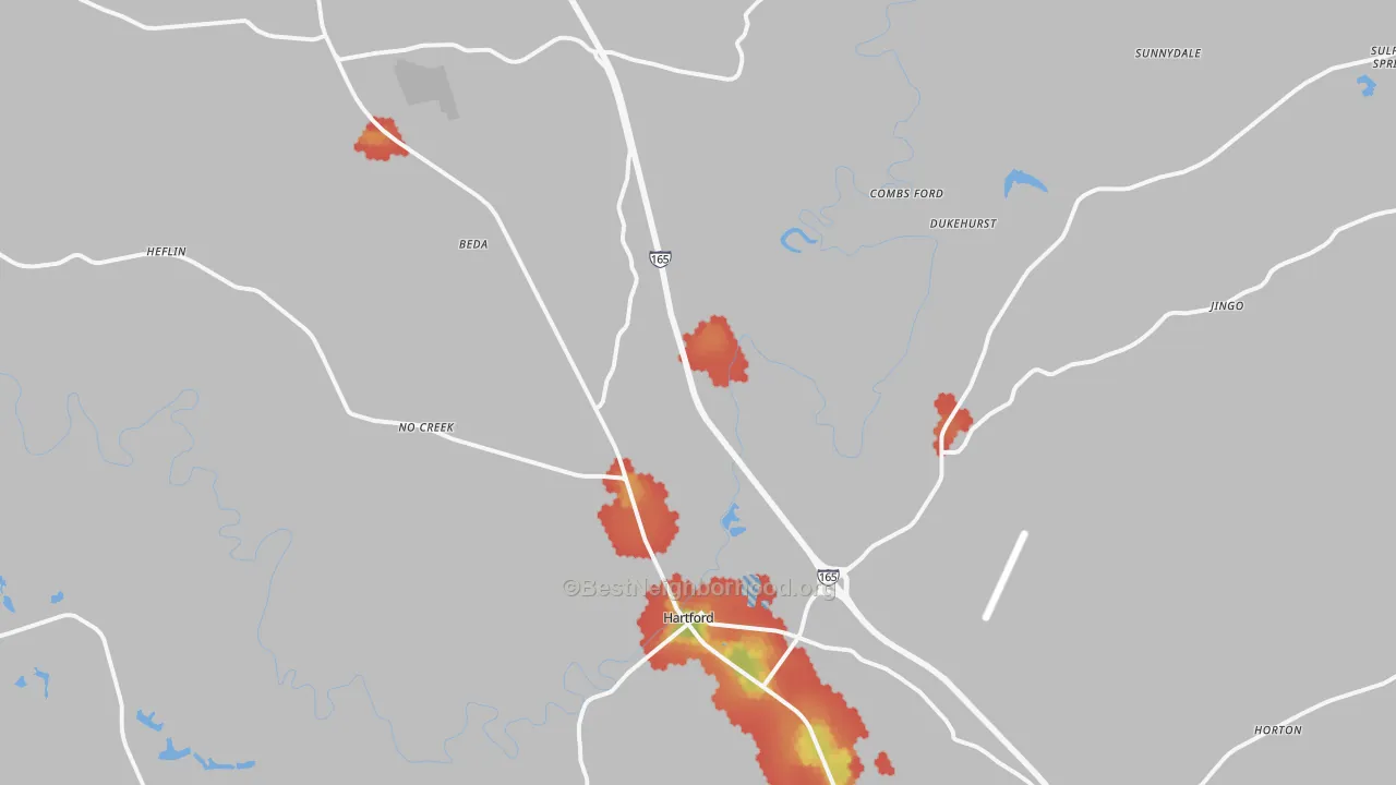Walk Grade map of 42347, KY, walkable areas in green and car-dependent areas in red