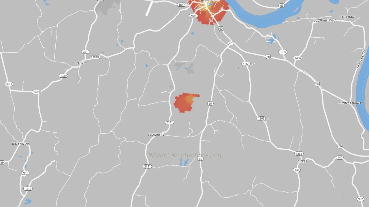 Walk Grade map of 42348, KY, walkable areas in green and car-dependent areas in red