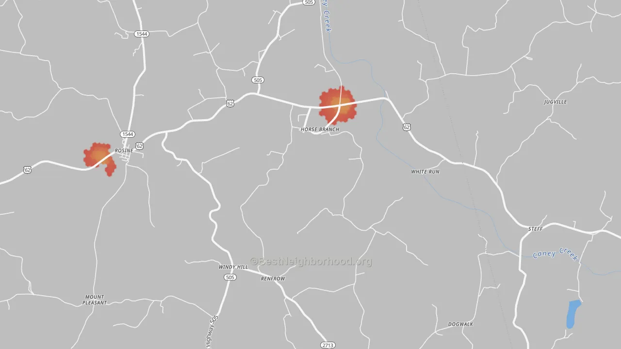 Walk Grade map of 42349, KY, walkable areas in green and car-dependent areas in red