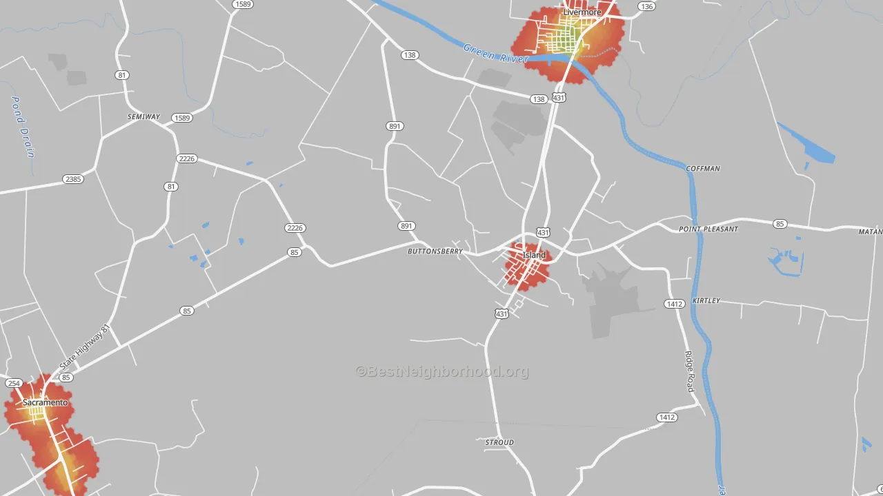 Walk Grade map of 42350, KY, walkable areas in green and car-dependent areas in red