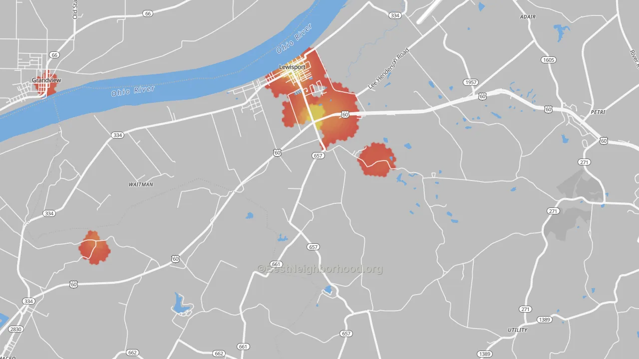 Walk Grade map of 42351, KY, walkable areas in green and car-dependent areas in red