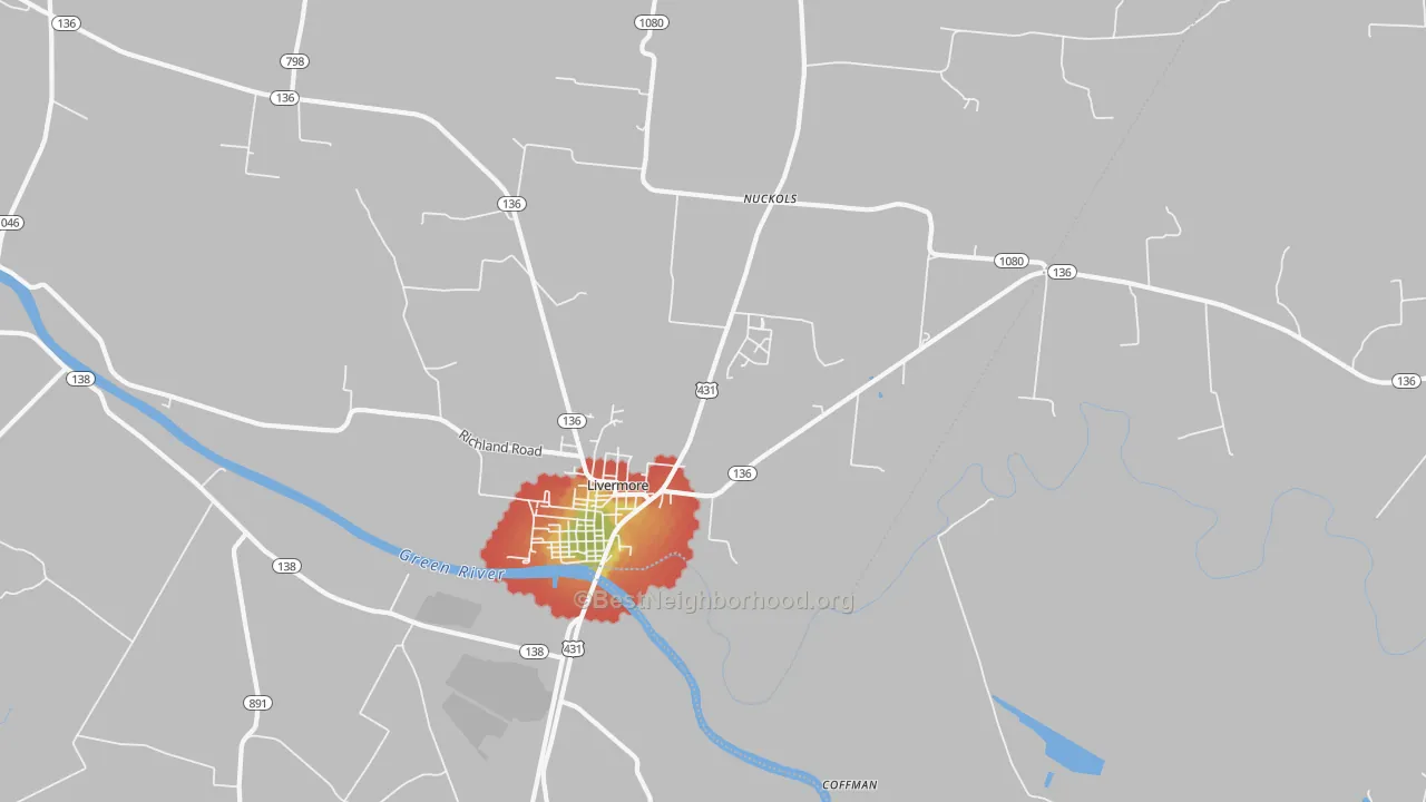 Walk Grade map of 42352, KY, walkable areas in green and car-dependent areas in red