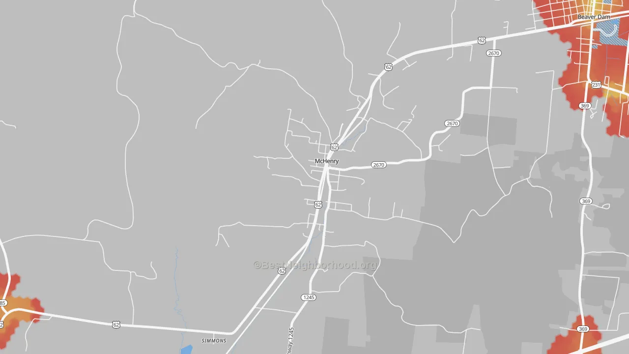 Walk Grade map of 42354, KY, walkable areas in green and car-dependent areas in red