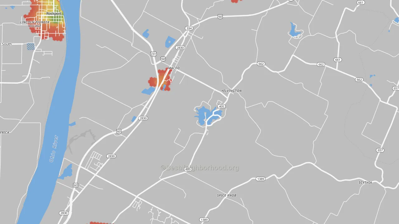 Walk Grade map of 42355, KY, walkable areas in green and car-dependent areas in red