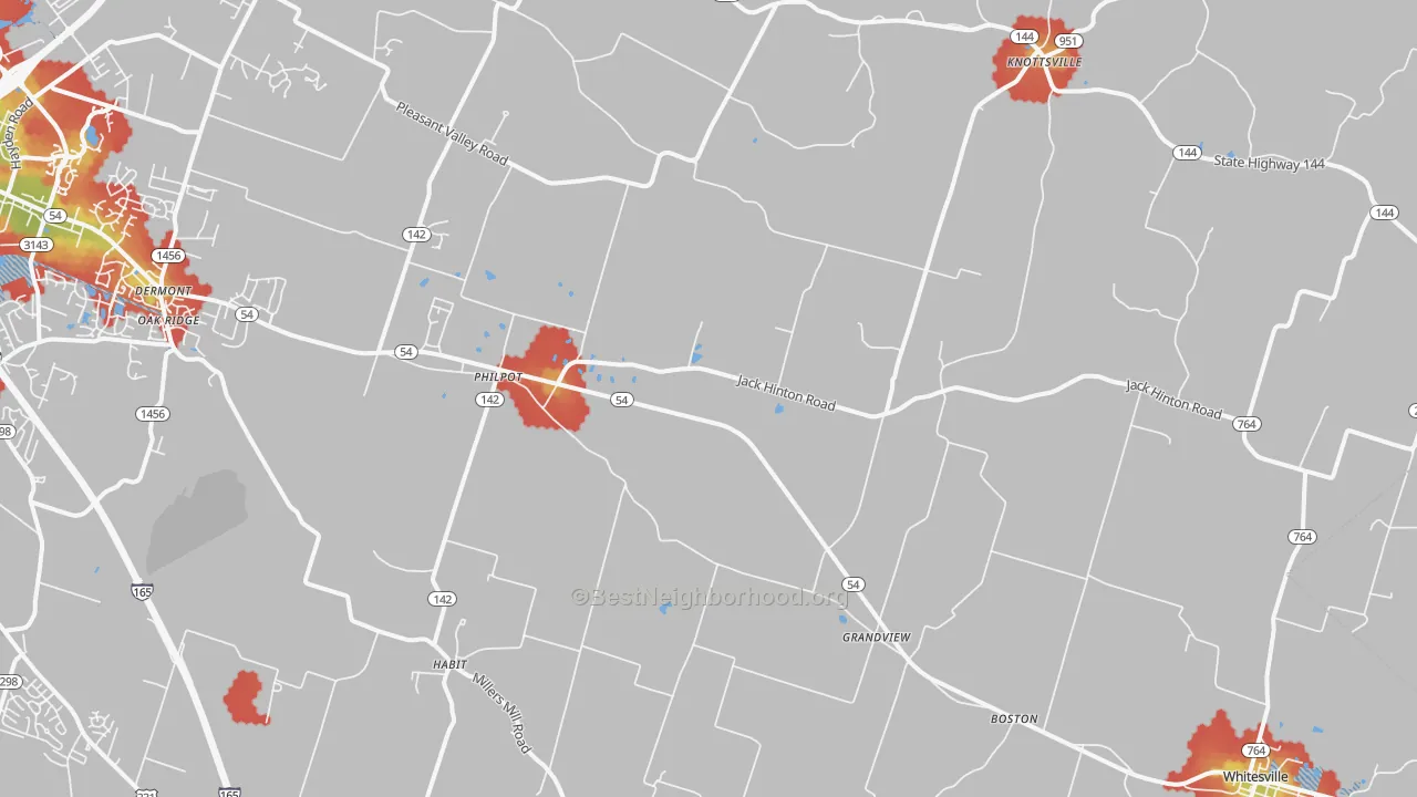 Walk Grade map of 42366, KY, walkable areas in green and car-dependent areas in red