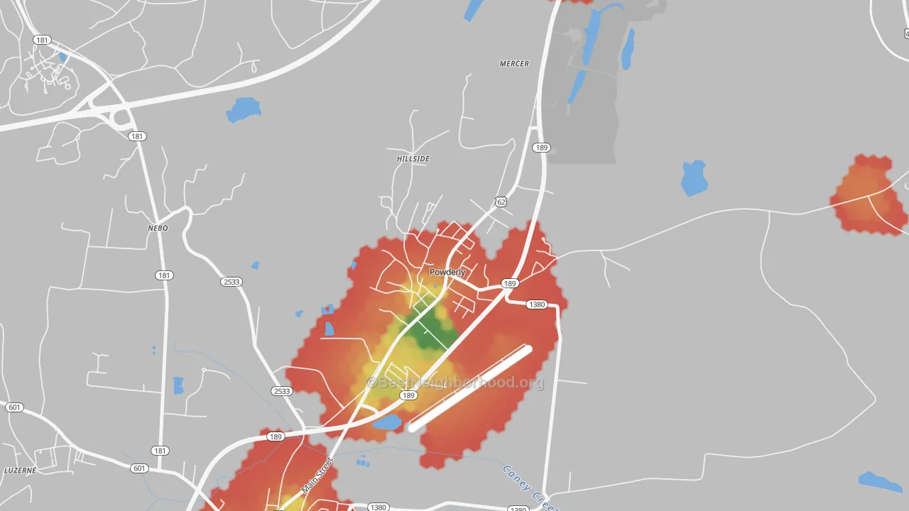 Walk Grade map of 42367, KY, walkable areas in green and car-dependent areas in red