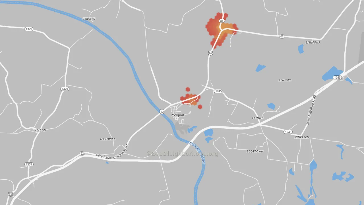 Walk Grade map of 42369, KY, walkable areas in green and car-dependent areas in red