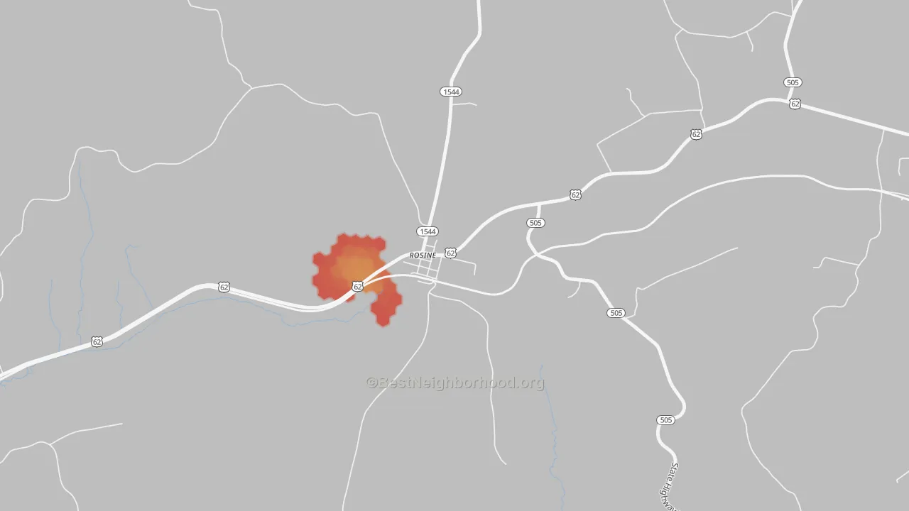 Walk Grade map of 42370, KY, walkable areas in green and car-dependent areas in red